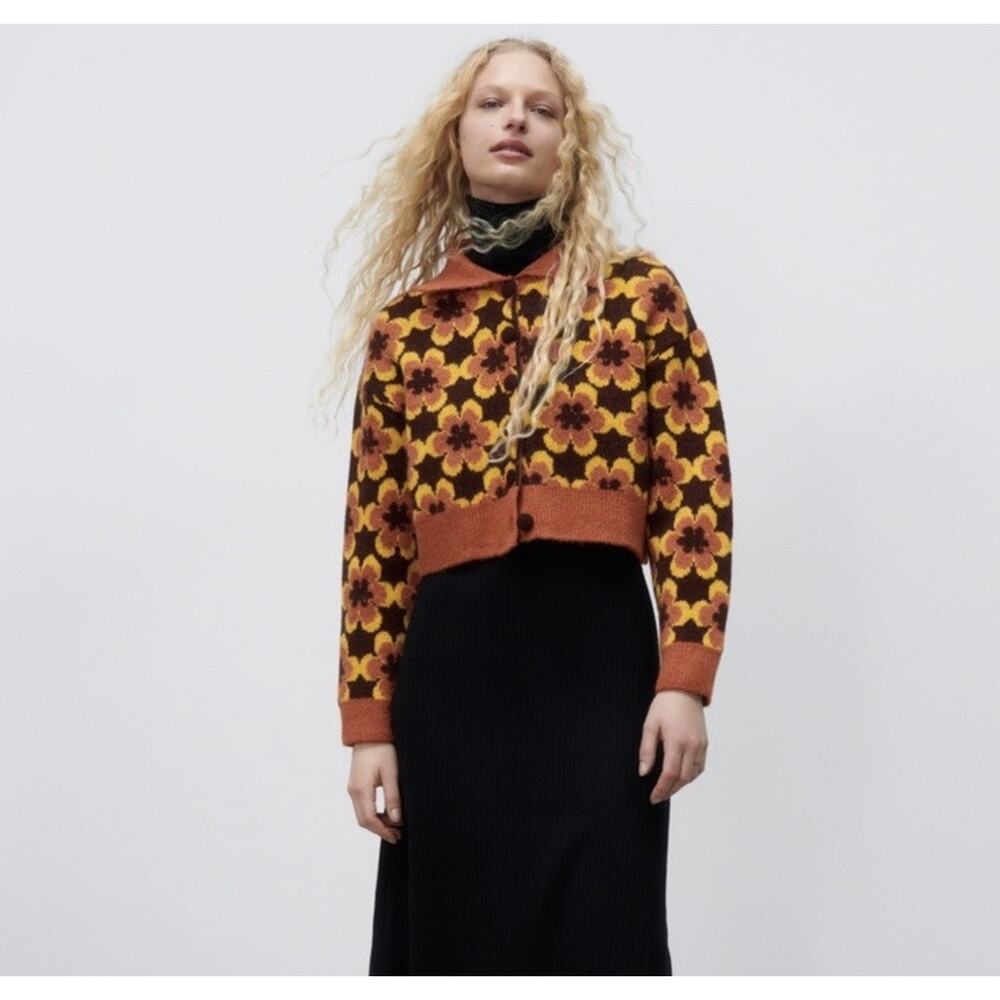 Zara Vintage Jacquard Floral Cardigan Small Crop Brown Yellow Autumn Sweater